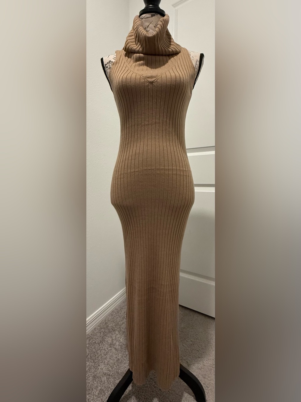 Vintage Koji Yohji Sleeveless Fitted Ribbed Turtleneck Maxi Dress in Camel